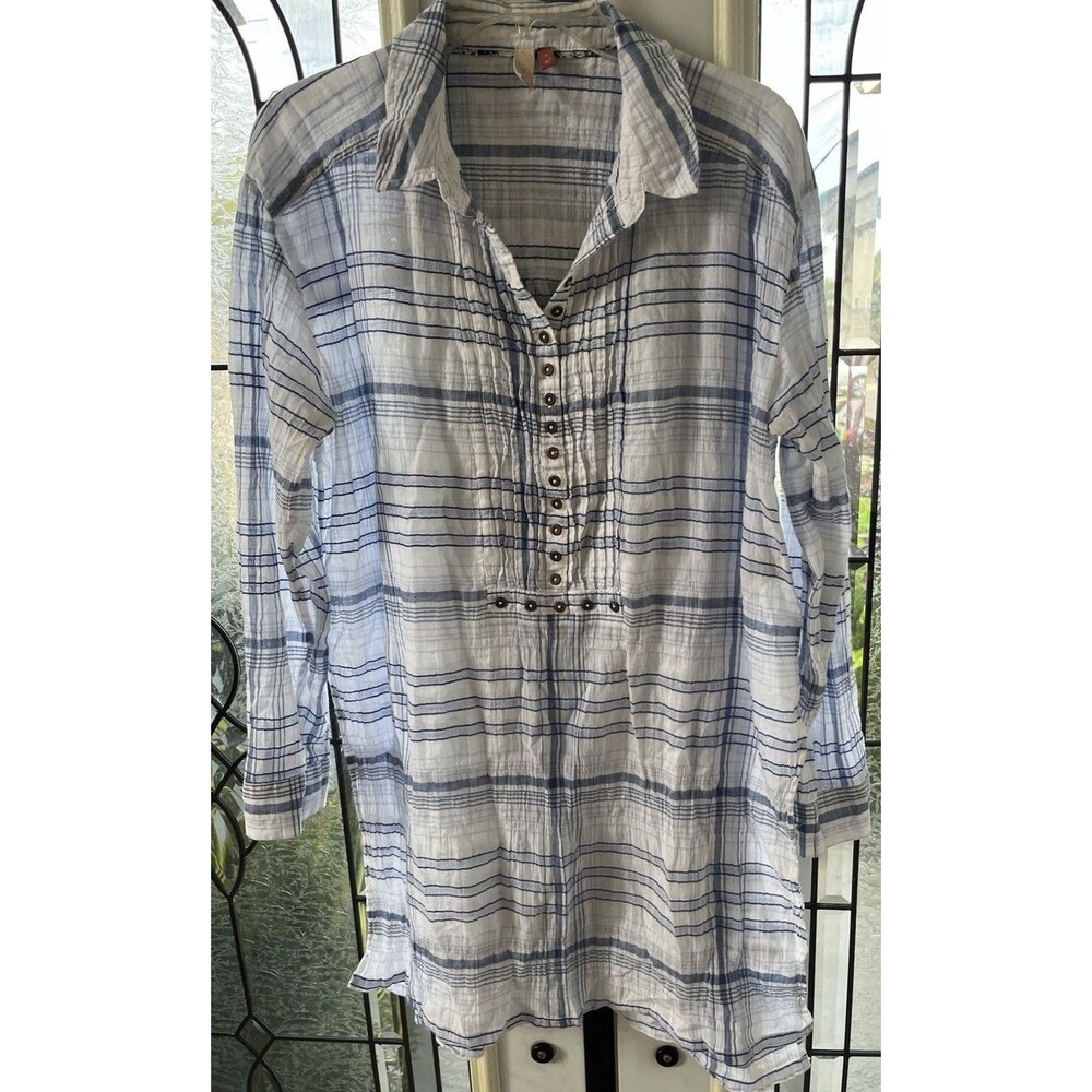Pilcro Womens Tunic Top Large White Blue Plaid Gauzy Long Sleeve Cotton BOHO